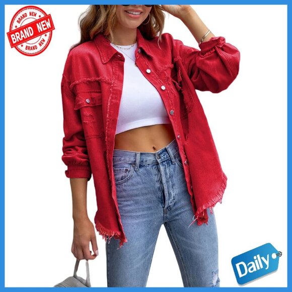 Jackets & Blazers - Oversized Ripped Denim Jacket Frayed Hem Button Front Boyfriend Shacket
